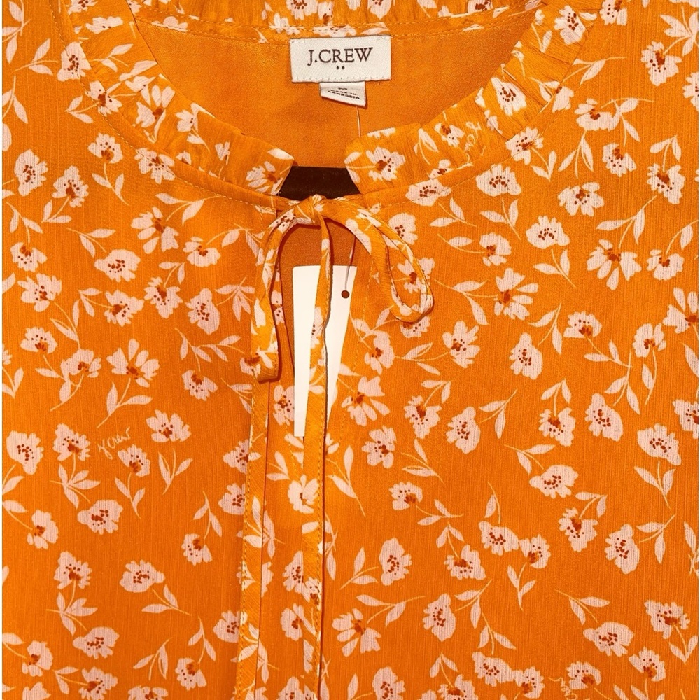 New J.Crew Factory Women's Ruffle Tie-Neck Top  Orange & White Floral - Medium - Picture 3 of 10